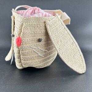3) MeriMeri Straw Bunny Purse Cotton Lining Draw Sting Closure12"L x 6.5"H x 5"W
